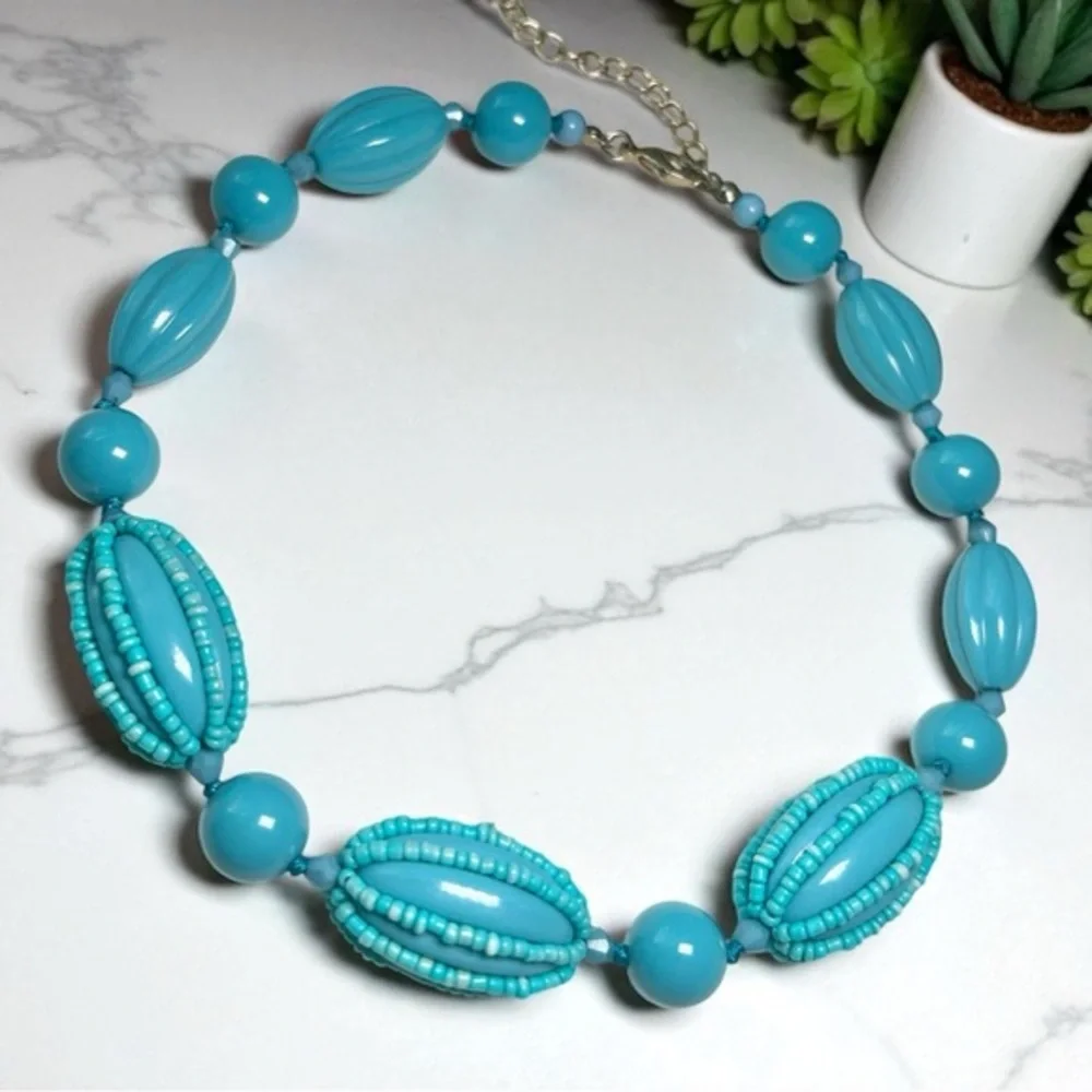 Vintage Retro Boho Aqua Chunky Beaded Necklace